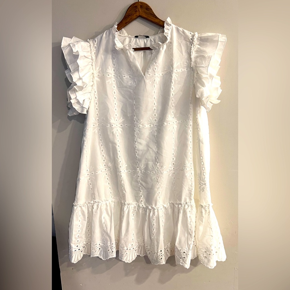 White Embroidered Eyelet Detail Flutter Sleeve V-Neck Ruffle Hem Shift Dress